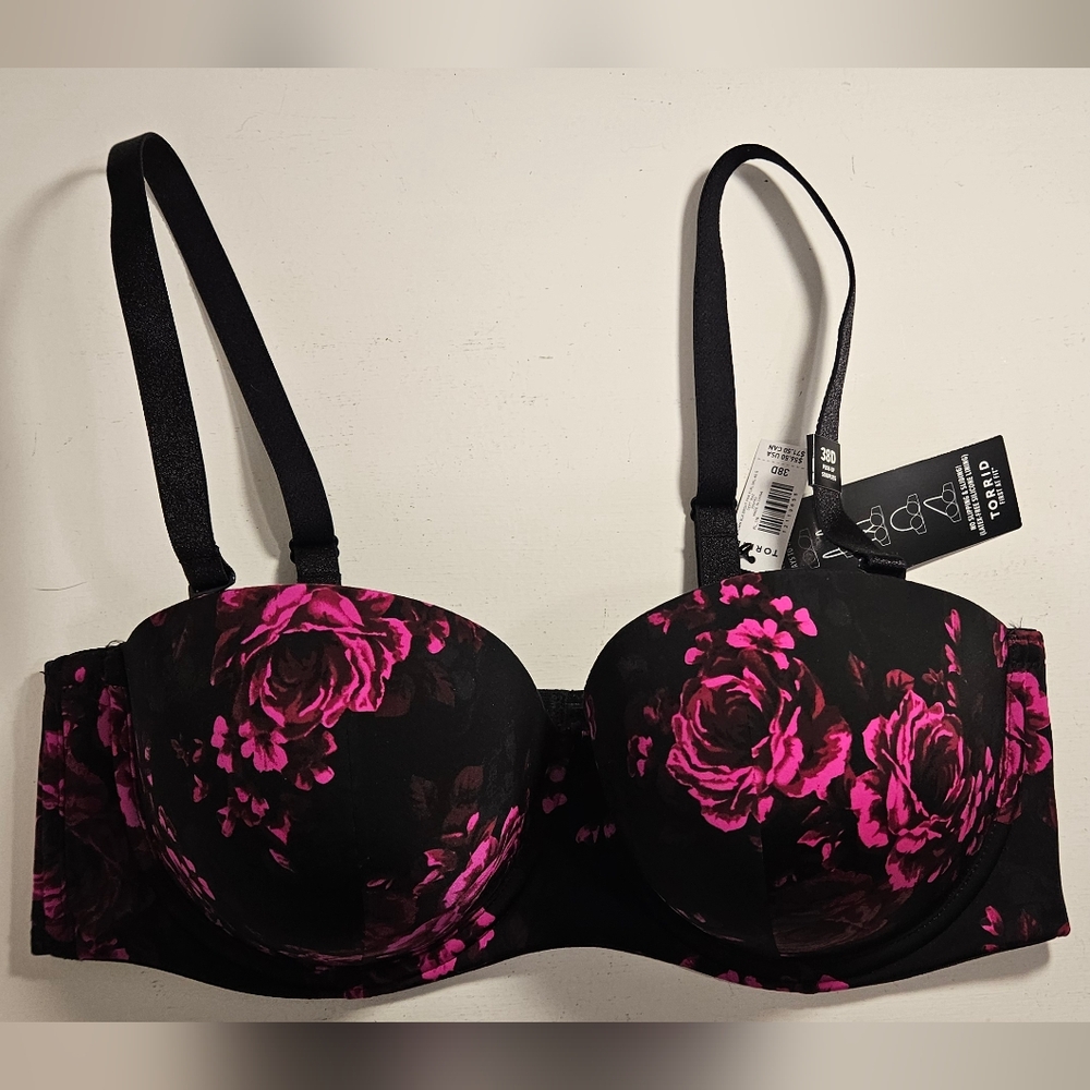 NWT Women's Torrid Curve Strapless Push-Up Bra 38D Black Bright Pink Floral